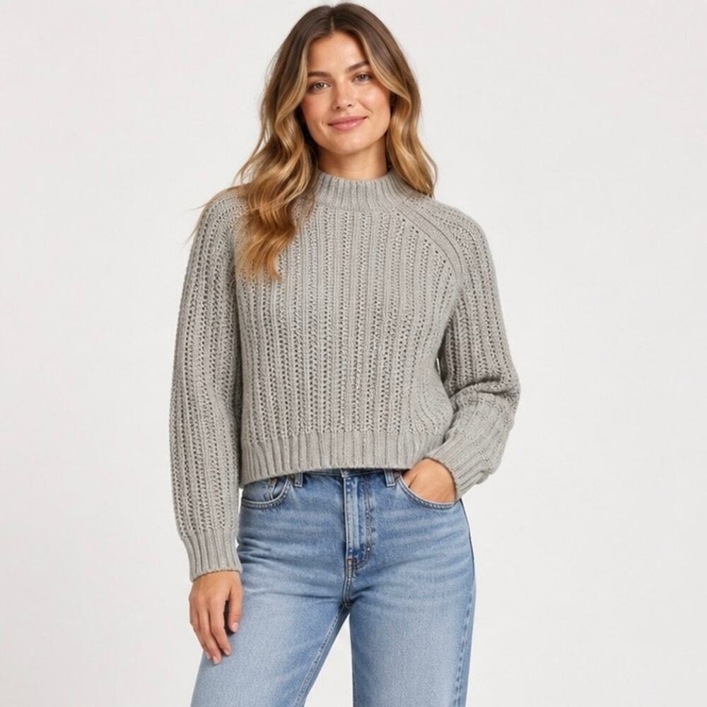 NWOT Madewell 100% Merino Wool Pointelle-Stitch Mockneck Sweater Grey Small